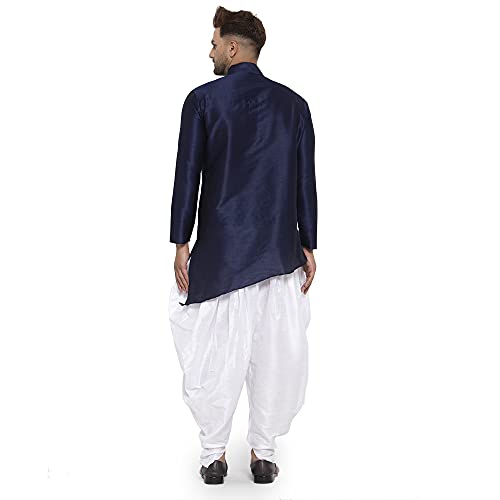 Image of Men's Silk Balloon Salwar Dhoti Pant Set (NavyB Slant Slit K But White Sal Dh40 Navy, White 40)