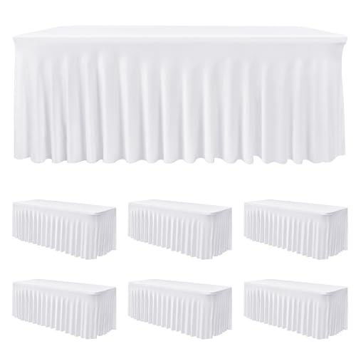 Image of HolidayIdeas White 4ft Spandex Tablecloth 6 Pack Fitted Stretch Rectangluar Table Skirts 24x48 Inch, Wrinkle-Free Floor Length Polyester Table Cover for Weddings Parties Banquets Events