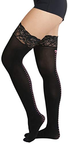 Image of ToBeInStyle Women's Lace Up Back Seam Tights Sheer or Opaque Hosiery Stockings Crisscross Lace Ribbon Zigzag Design