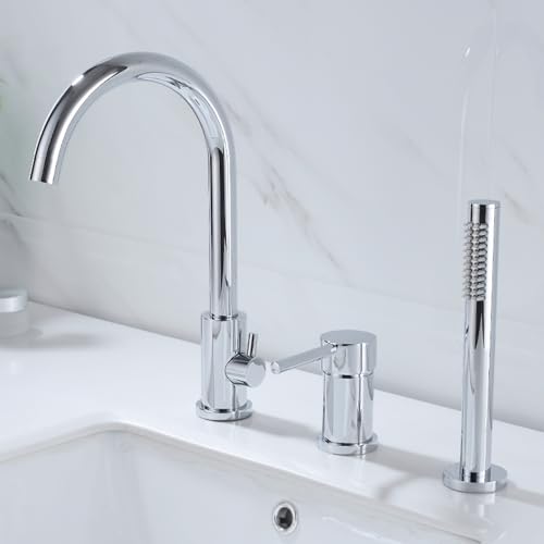ZR98US 3 Hole Bath Mixer Tap with Shower Head and Hose Set   Brushed Gold Hot and Cold Water Mixer for Bathroom Taps and Showers