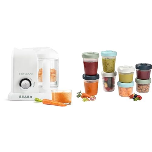 BÉABA, Babycook Solo, procesador de alimentos para bebés 4 en 1, vaporizador & BÉABA - Lote de 8 Tarros de Conservación, Clip, Botes Encajables, 100% Herméticos