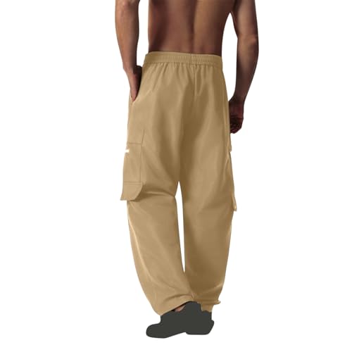 Pockets Cargo Pants for Men Solid Color Drawstring Elastic Workwear Pants Classic Lightweight Long Trousers Basic3
