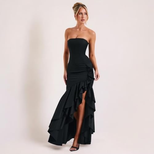 Strapless Prom Dress for Womens Ruffles Satin Wedding Party Maxi Dress Bodycon Cocktail Gowns with Slit2