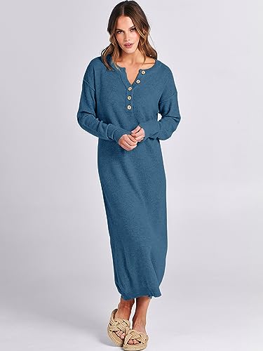 Image of ANRABESS Women Long Sleeve Button V Neck Oversized Casual Loose Fit Waffle Knit Fall Midi Sweater Dress 2026 Trendy Outfits