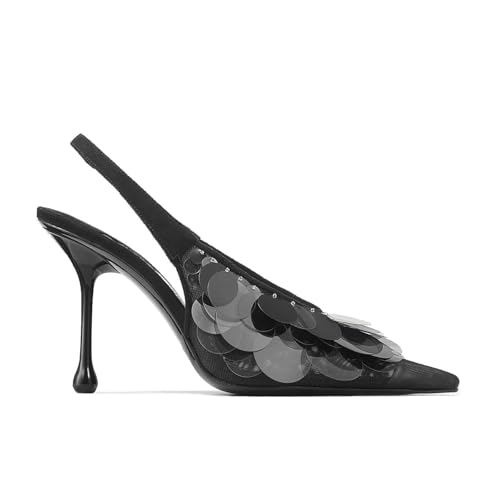 Goolita Women's Slingback Stiletto High Heels Closed Pointed Toe with Sequin Embellished Mesh Pumps Slip On Party Evening Pumps Shoes2