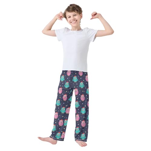 Owl with Xmas Hat Snow Boys Long Pants Soft Trousers Elastic Waist Kids Lounge Bottoms with Pockets S-XL2