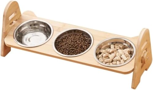 GEBYUI竹製高さ調節ペットボウルテーブル 猫・小型犬用セラミック食器セット ダブルスナックプレート付き給餌スタンド 滑り止め猫用給餌プレートホルダー 飲用水・フード兼用ダイニングテーブル
