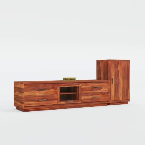 Image of Sheesham Wood Wooden tv Unit for Living Room 55 inch TV Furniture - Entertainment Unit Solid Wood tv Table for Living Room 55 inch TV Console with 4 Drawers, 4 Shelves
