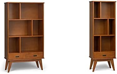 SIMPLIHOME Draper Solid Hardwood 64 inch x 35 inch Mid Century Modern Wide Bookcase and Storage Unit in Teak Brown & Draper Solid Hardwood 64 inch x 22 inch Bookcase and Storage Unit in Teak Brown