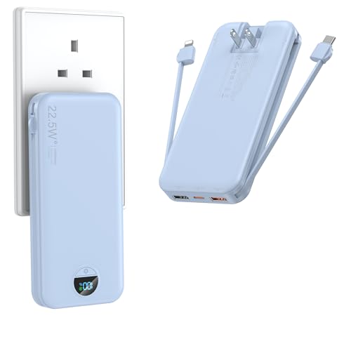 Portable Charger with Wall Plug, 12000mAh USB C Power Bank Fast Charging, External Battery Pack with Built in Cables, Digital Display, 5 Output 4 Input for iPhone Android Cell Phone Tablet B