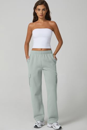 Image of QINSEN Baggy Medium Waist Elastic Sweatpants for Womens Casual Long Fleece Cargo Pants with Pockets