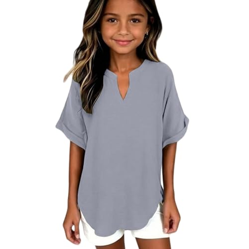 CGGMVCG Camisa de lino para niñas, de verano, de manga corta, cuello en V, informal, holgada, ropa de moda para niños, gris, 8-9 años