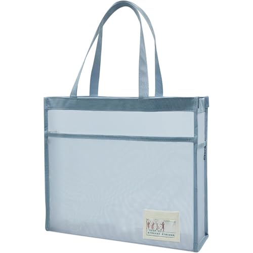 Lekolockファイルバッグ A4サイズ a4 ケース ファイルケース 透明 メッシュ トートバッグ 軽量 自立 ジッパー式 21cm高ストラップ 両側ポケット 書類ケース 2層 (ブルー,横型)