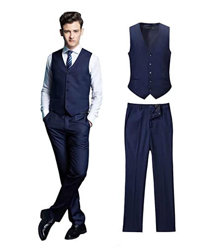 Wehilion Men's Suits 2 Pieces Navy Blue Vest+Pants Set V-Neck Slim Fit Casual Waistcoat Suit Nv-M #TOP28