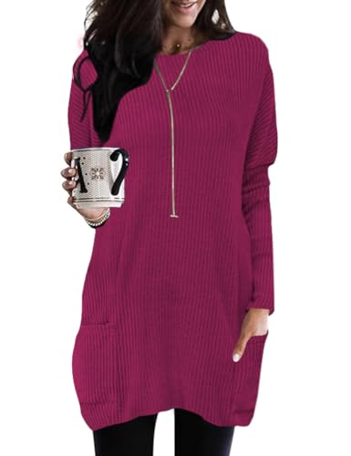 Image of Poetsky Women Long Sleeve Shirts Fall O Neck Work Tops 2025 Fashion Tunic Sweaters Dressy Casual Winter Blouse Trendy Outfits Hot Pink
