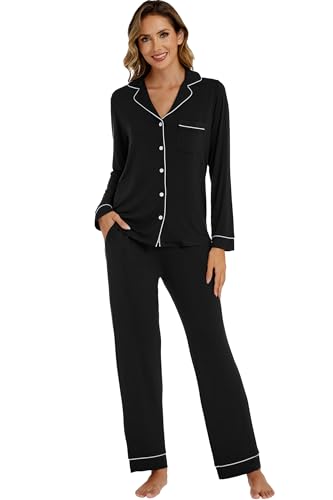 Image of LUBOT Womens Bamboo Viscose Pajamas for Women 2 Piece PJ Set Ultra Buttery Soft Cooling Button Long Sleeve Sleepwear S-XXL
