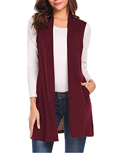 Aimado Cardigans for Women Solid Color Sleeveless Asymetric Hem Open Front Drape Long Cardigan Vest (Wine Red, Medium)