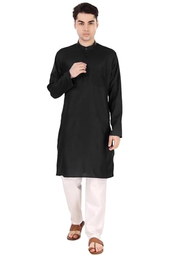 Image of Men's Cotton Solid Kurta Set Mandarin Collar Regular Fit Long Sleeves Ethnic Dress