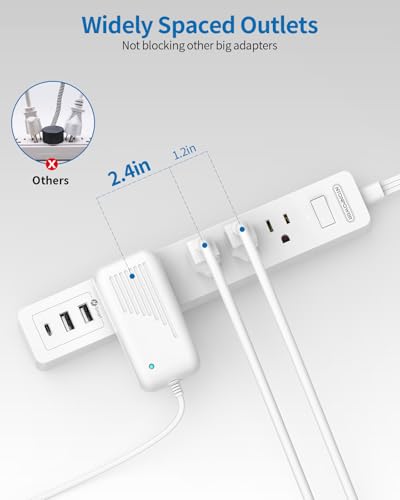 Extensión plana NTONPOWER 15 ft, cable ultra delgado con 4 tomas, 2 USB A + USB C, protección contra sobrecarga, blanco miniatura 4
