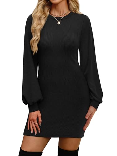 OFEEFAN Holiday Dresses for Women 2025 Fall Slimming Long Sleeve Homecoming Bodycon Sweater Plus Size Maternity Dress Casual Winter Black L