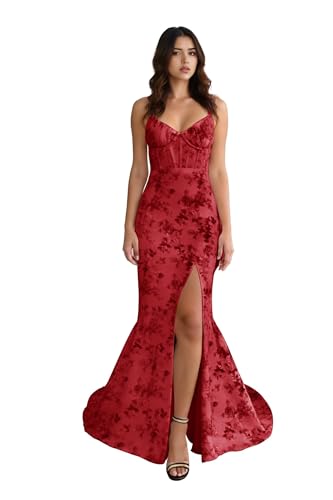 Xijun Floral Print Red Prom Dresses Long Teens Corset Tight Mermaid Spaghetti Straps Backless Slit...