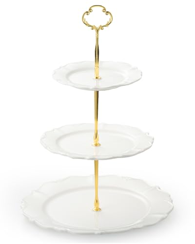 Omifun 3 Tier Cupcake Stand, Ceramic Tiered Serving Stand, Relief Dessert Tower Tray, Cupcake Holder Tower for Birthday, Baby Shower, Tea Party and Wedding (White)
