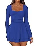 IWD Square Neck Long Sleeve Dress for Women Fall Corset Mini Dress Tiered Ruffle Hem Flowy Cute A Line Short Birthday Party Dresses Royal Blue Large