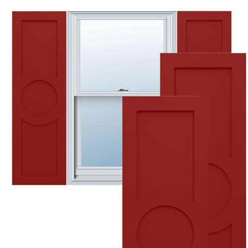 18"W x 64"H True Fit PVC Center Circle Arts & Crafts Fixed Mount Shutters, Fire Red (Per Pair - Hardware Not Included)