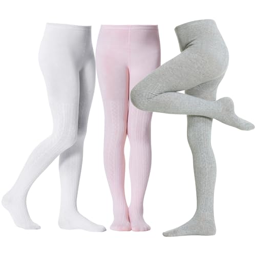 Image of Zando 3Pack Girls Tights Kids Cable Knit Cotton Winter Warm Leggings 4-12T | Footed Seamless Stockings for Girls, School Uniform and Daily Skirt Wear. Thick Warm Fabric with High Stretch