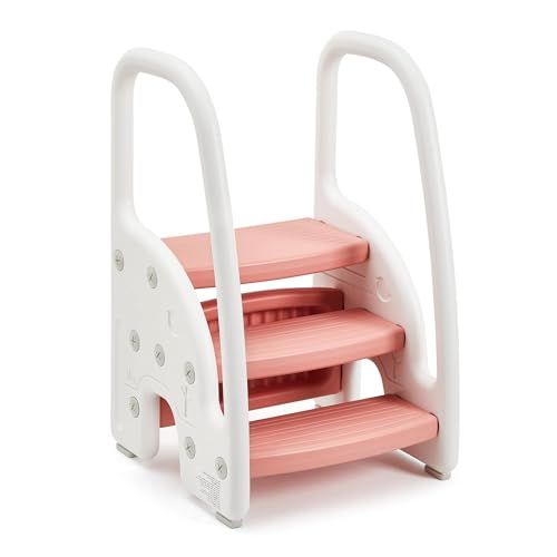 Euker ステップスツール 子供用踏み台 2段・3段可変式 手すり付き 耐荷重50kg 転倒防止 簡単組立 滑り止め キッズステップ 洗面所 手洗い トイレトレーニング 男の子 女の子 ピンク