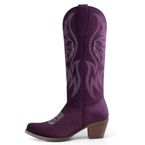 Image of KaroNairy Women Cowboy Boots Faux Suede Embroidered Pointed Thick Heeled Western Wide Calf Cowgirl Ponited Toe Mid Calf Boots