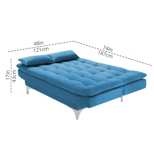 Image of Casaliving Danny Sofa Cum Bed for Living Room Premium Fabric Sofa New 3 Seater Sofa Cum Bed Velvet Fabric with 2 Cushions (Aqua Blue) Suitable for All Indoor Sofa Set