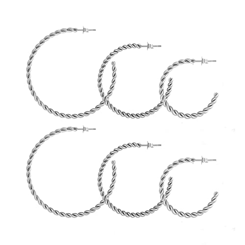 4 Pairs Stainless Steel Heart Earrings Hypoallergenic Big Heart Hoop Earrings Gold Plated Set For Women Men Girls (3 Pairs Twist Silver 30mm-50mm)