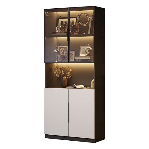 vutizal Bibliothèque Murale LED avec Contrôle App, 200 cm - Meuble Vitrine Portes en Verre, Étagères Réglables, Dispositif Sécurité - Blanc pour Salon Moderne, Bureau