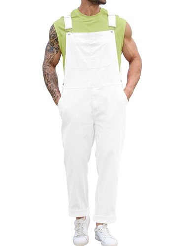 Bindefon Overalls for Men Work Jumpsuits Stretchy Rompers Bibs Coveralls Overol Para Hombre(White L)