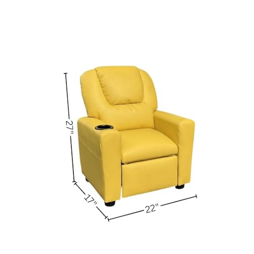 Image of Furnifact Marisa Yellow PU Leather Youth Recliner with Cupholder for Kids 142 inch Seat Height 14 inch Width 106 inch Depth Bright and Fun for a Warm Lifestyle
