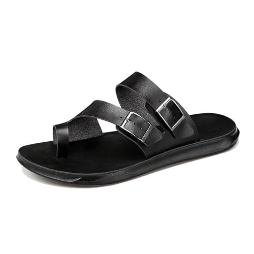 Men's Leather Slip On Flat Slide Sandals with Double Adjustable