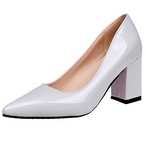 Escarpins en Cuir Verni à Talons carrés de 7.5cm pour Femmes, Chaussures Classiques à Bout Pointu, Escarpins de fête, Grande Taille,Gris,42 EU