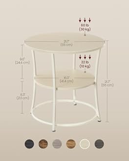VASAGLE 21.7-Inch Round Side Table, 2-Tier End Table, Nightstand with Steel Frame, Spacious Top, for Small Spaces, Living Room, Bedroom, Natural Beige ULET056N01