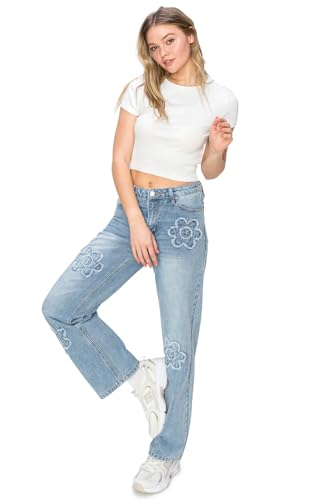 KHAKI & BLUE Women's High Waisted Relaxed Fit Full Length Straight Leg Jeans with Butterfly Patch4