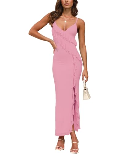 Women's Sexy V Neck Maxi Dress Backless Bodycon Spaghetti Strap Mesh Ruffle High Slit Cocktail Party Formal Dresses