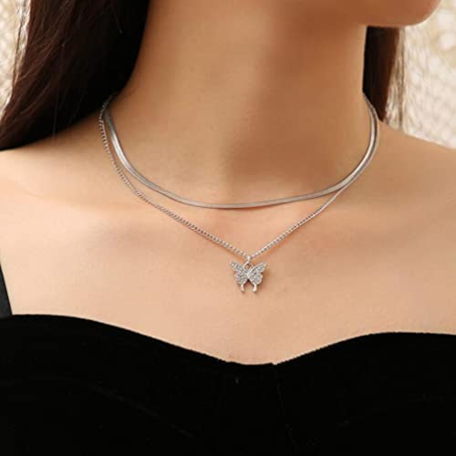 Snake Bone Chain Necklace Multilayer Butterfly Pendant Necklace Diamond Butterfly Snake Chain Double Layer Necklace #TOP20