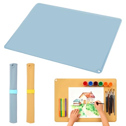 2 Stück Malunterlage für Kinder 60x40cm Bastelunterlage Silikonmatte Groß Bastelunterlage Kinder Antihaft, Knetunterlage Kinder Tischset Silikon für Malerei, Handarbeit, Harz, Sandkunst (Blau, Gelb)