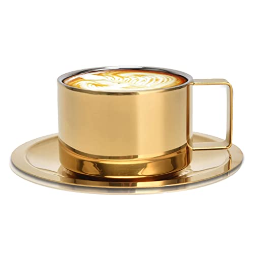 Alvinlite Edelstahl-Kaffeetassen-Set – Doppelwandig, Mit Untertasse & Löffel – Silber, 300 G, 77x56 Mm