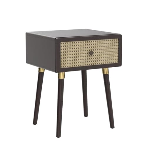 Bme Nipe Solid Wood and Rattan Nightstand, Fully Assembled, Woven Cane End Table, Bedside Table for Modern Bedroom, Boho Living Room with Tall Wood Legs Large Storage 1-Drawer, Walnut