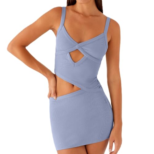 Image of Women Sexy Cutout Mini Dress Spaghetti Strap Backless V-Neck Patchwork Bodycon Short Dress Party Cocktail