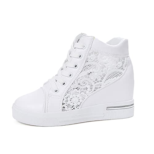 High Heel Sneakers for Women, Lace Embroidery Fashion Sneakers For Womens Slip On Hidden Wedge Platform Sneaker Lace Up Dressy Casual Shoes2