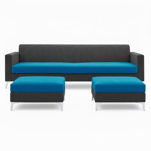 Image of Amelia 5 Seater L Shape Sofa Set with 2 Movable Ottomans | Flexible Layout | Rich Velvet Suede Fabric | Silver Legs | Spacious Seating | Modern Sofa for Living Room (Dark Grey-Aqua Blue)