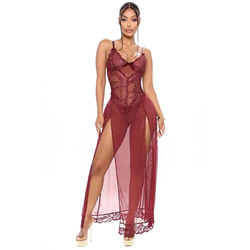 QKEPCY Lingerie Sexy Femme Coquine Hot Combinaison Longue Transparente Dentelle Tenue Érotique Nuisette Bretelles Body Robe Fendue Ensemble Élégant...
