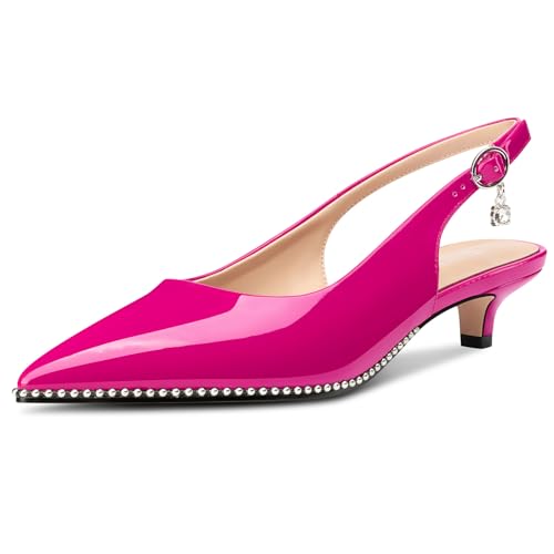 Image of TNYNFBEB Womens Low Kitten Heel Close Pointed Toe Pumps Slingback Silver Beaded Buckle Prom Party Dress Patent Leather 1.4 Inches Heels